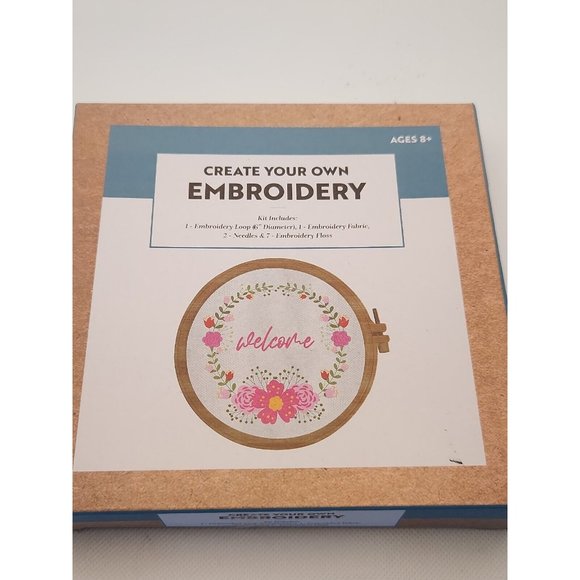 Create Your Own Embroidery Craft Kit Welcome Wreath New In Box Pink Flowers 6" - Picture 2 of 3